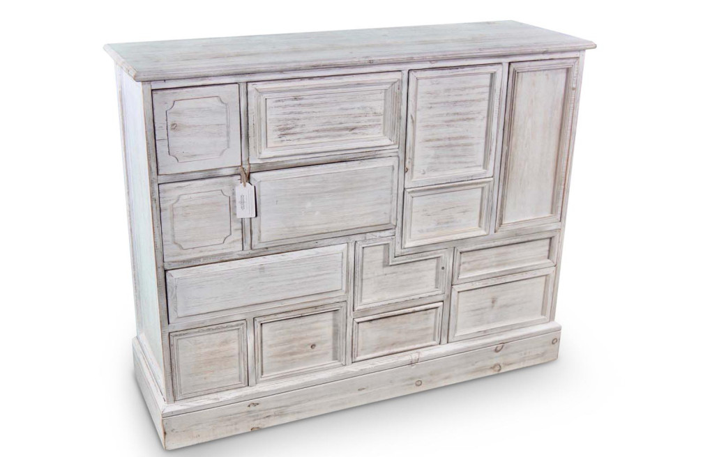 Meuble Semainier Chiffonnier Grainetier Bois 14 Tiroirs Cerusé Blanc Nu 125x40x99cm