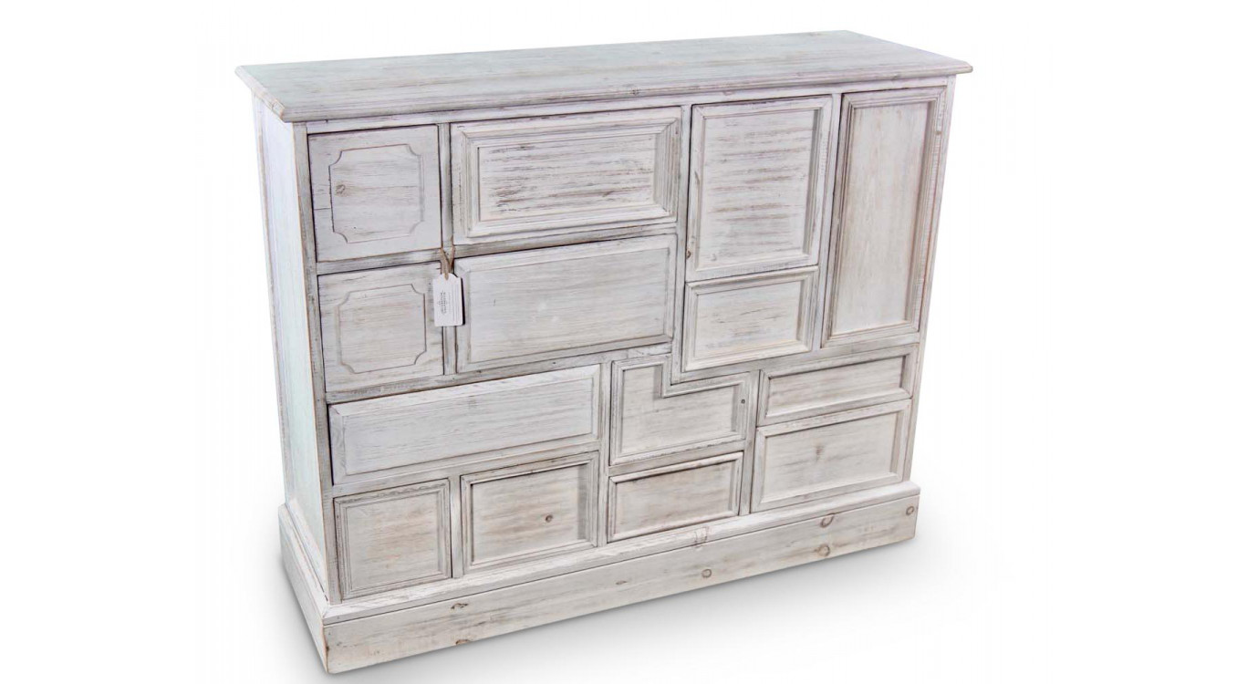 Wochenschrank Chiffonnier Grainetier Bois 14 Schubladen Cerusé Blanc Nu 125x40x99cm