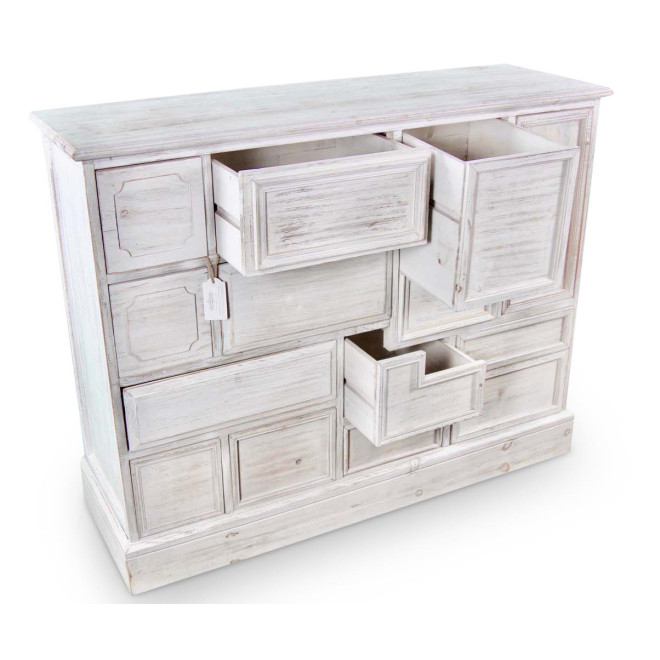 Wochenschrank Chiffonnier Grainetier Bois 14 Schubladen Cerusé Blanc Nu 125x40x99cm