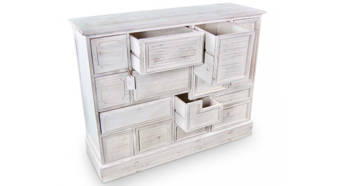Wochenschrank Chiffonnier Grainetier Bois 14 Schubladen Cerusé Blanc Nu 125x40x99cm