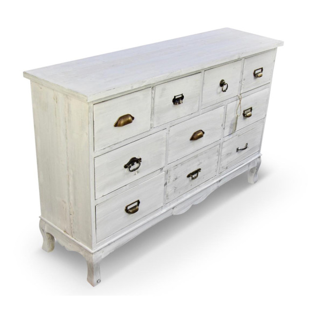 Wochenschrank Chiffonnier Grainetier Bois 10 Schubladen Cerusé Blanc 125x35x80cm