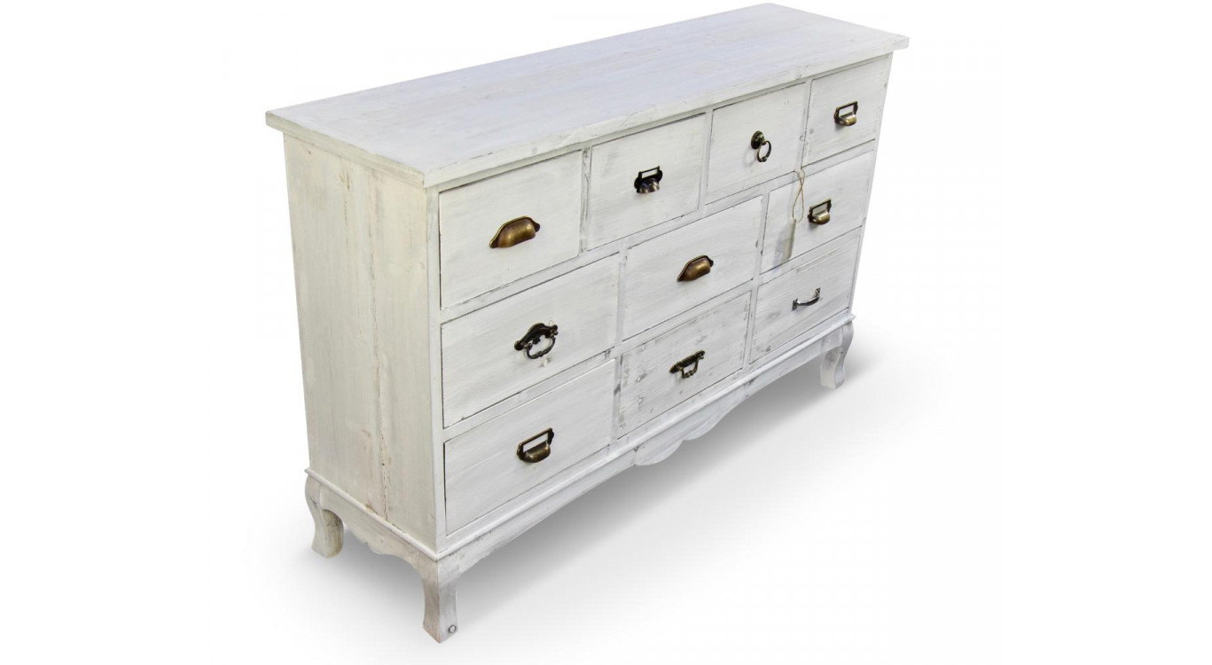 Wochenschrank Chiffonnier Grainetier Bois 10 Schubladen Cerusé Blanc 125x35x80cm