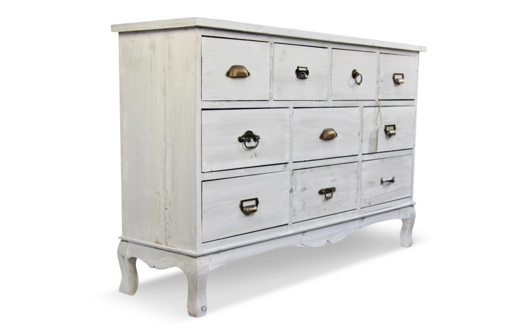 Wochenschrank Chiffonnier Grainetier Bois 10 Schubladen Cerusé Blanc 125x35x80cm