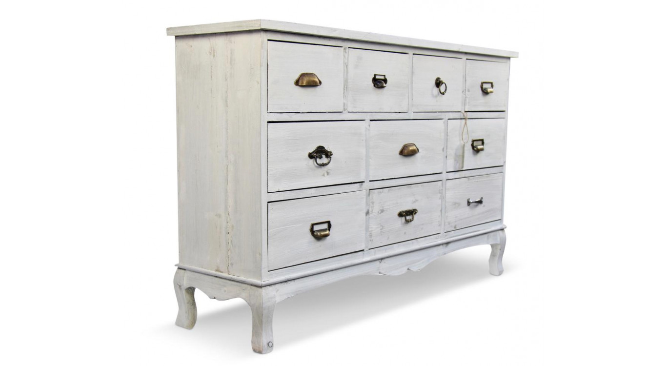 Wochenschrank Chiffonnier Grainetier Bois 10 Schubladen Cerusé Blanc 125x35x80cm