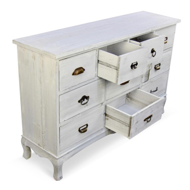 Wochenschrank Chiffonnier Grainetier Bois 10 Schubladen Cerusé Blanc 125x35x80cm
