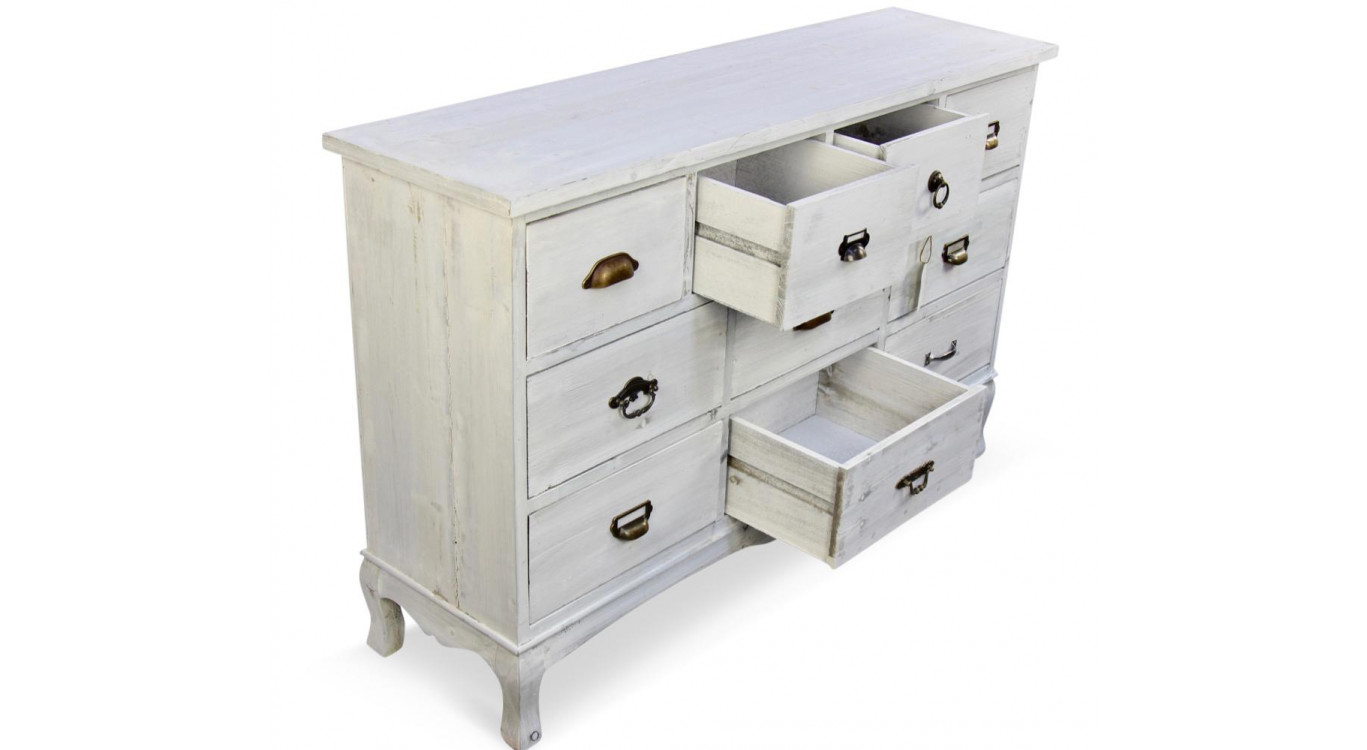 Wochenschrank Chiffonnier Grainetier Bois 10 Schubladen Cerusé Blanc 125x35x80cm