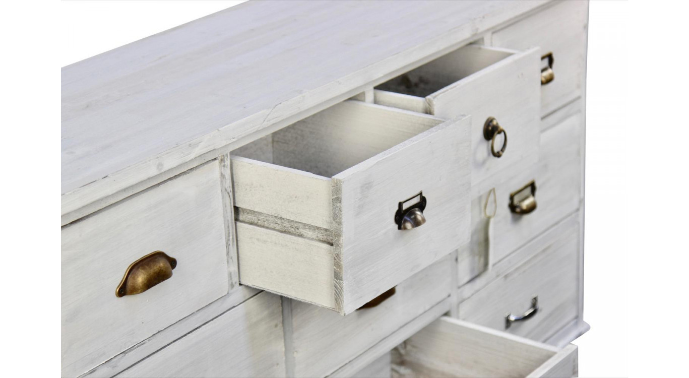 Wochenschrank Chiffonnier Grainetier Bois 10 Schubladen Cerusé Blanc 125x35x80cm