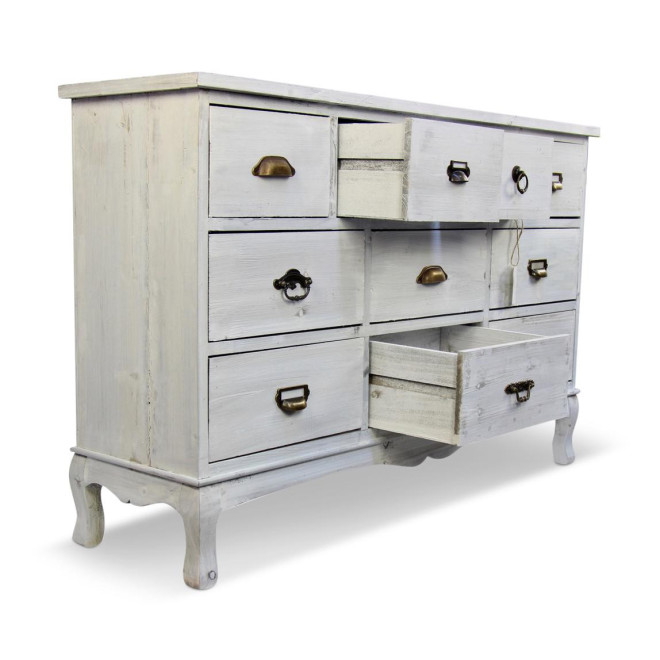 Wochenschrank Chiffonnier Grainetier Bois 10 Schubladen Cerusé Blanc 125x35x80cm