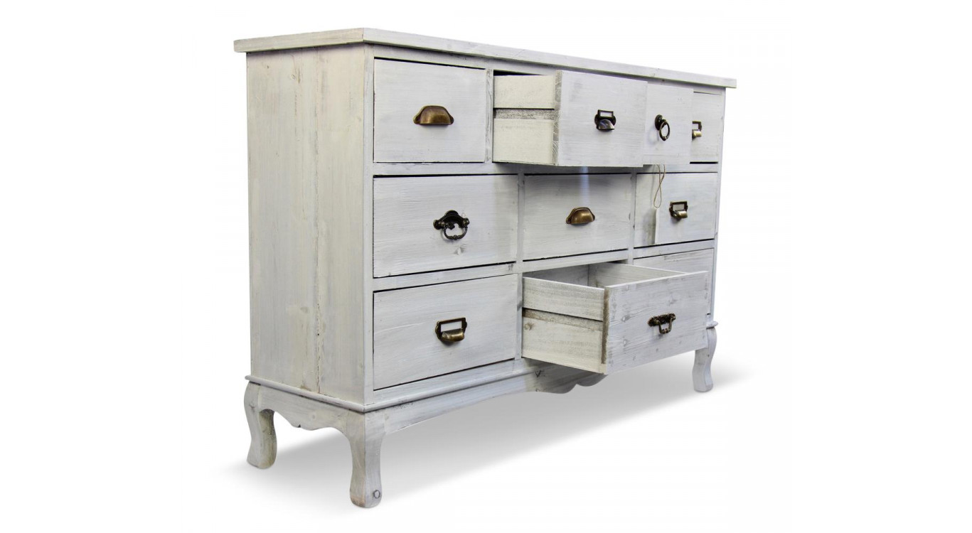 Wochenschrank Chiffonnier Grainetier Bois 10 Schubladen Cerusé Blanc 125x35x80cm