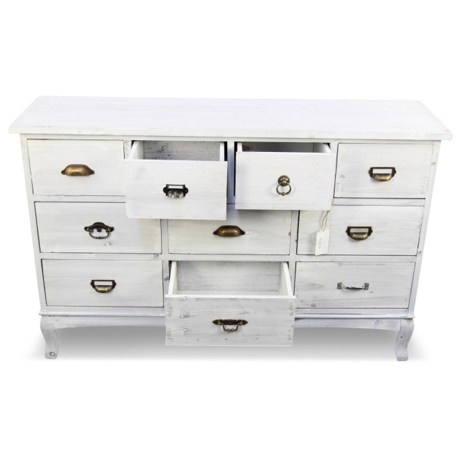 Wochenschrank Chiffonnier Grainetier Bois 10 Schubladen Cerusé Blanc 125x35x80cm