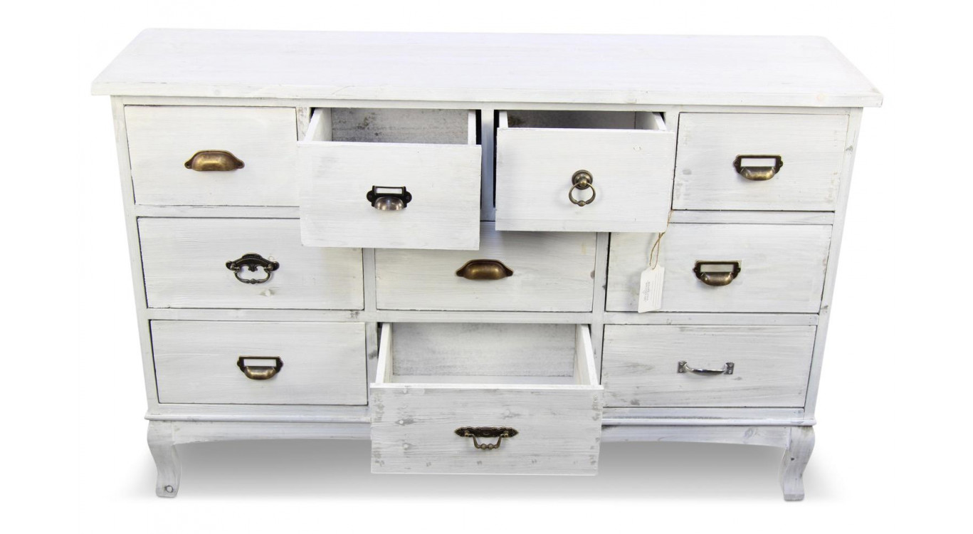 Wochenschrank Chiffonnier Grainetier Bois 10 Schubladen Cerusé Blanc 125x35x80cm