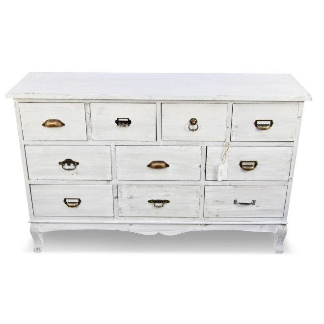 Wochenschrank Chiffonnier Grainetier Bois 10 Schubladen Cerusé Blanc 125x35x80cm