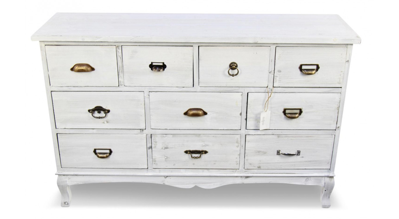 Wochenschrank Chiffonnier Grainetier Bois 10 Schubladen Cerusé Blanc 125x35x80cm