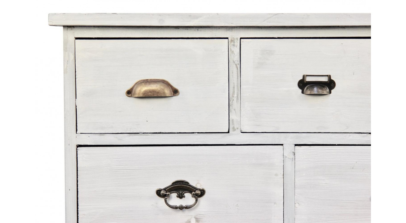 Wochenschrank Chiffonnier Grainetier Bois 10 Schubladen Cerusé Blanc 125x35x80cm