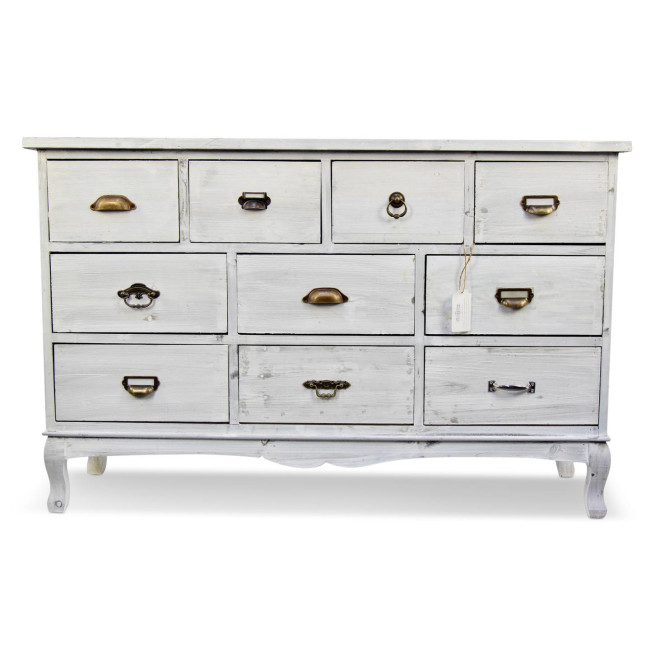 Wochenschrank Chiffonnier Grainetier Bois 10 Schubladen Cerusé Blanc 125x35x80cm