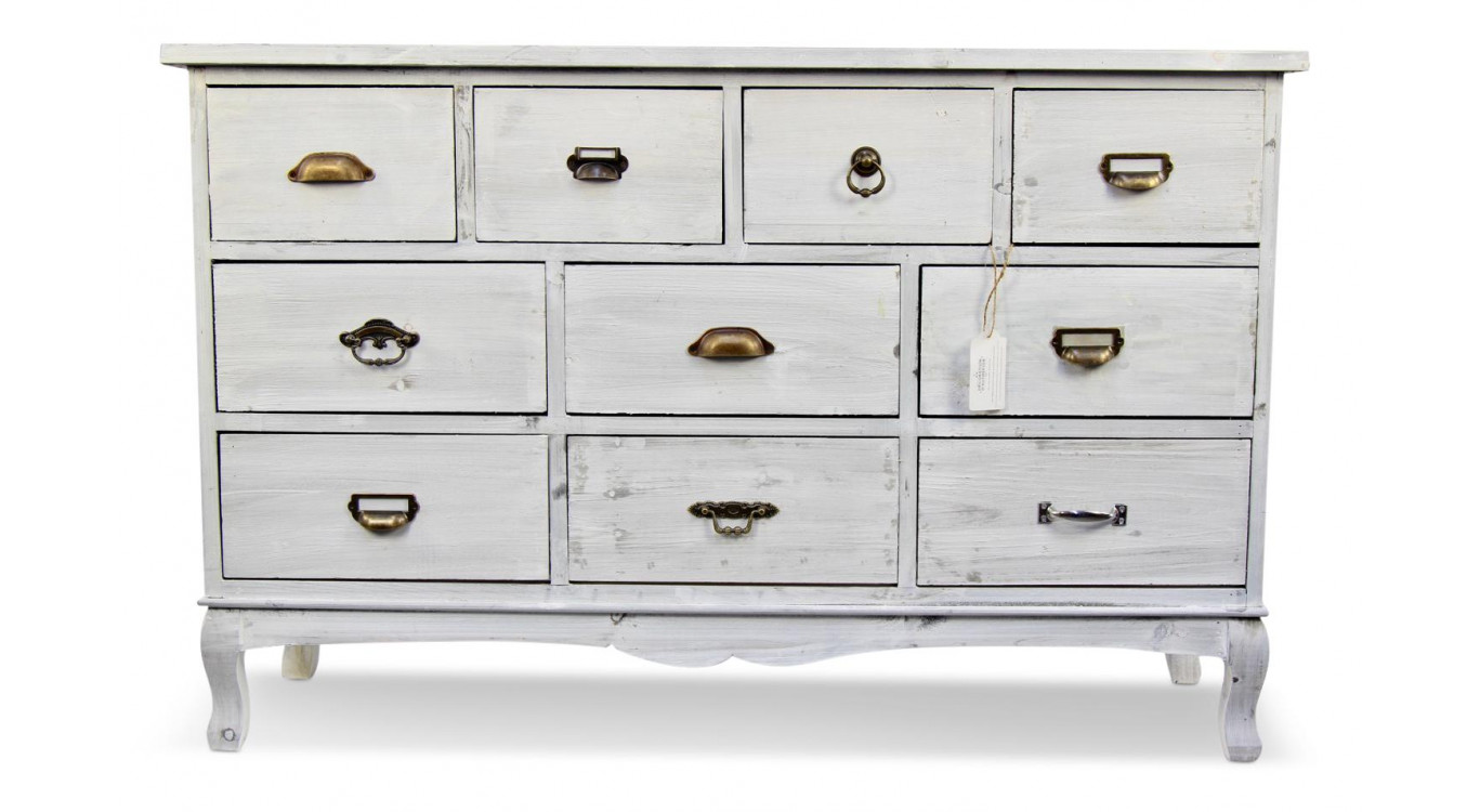 Wochenschrank Chiffonnier Grainetier Bois 10 Schubladen Cerusé Blanc 125x35x80cm