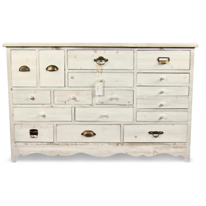 Meuble Semainier Chiffonnier Grainetier Bois Cerusé Blanc 17 Tiroirs 124x32.5x78.5cm