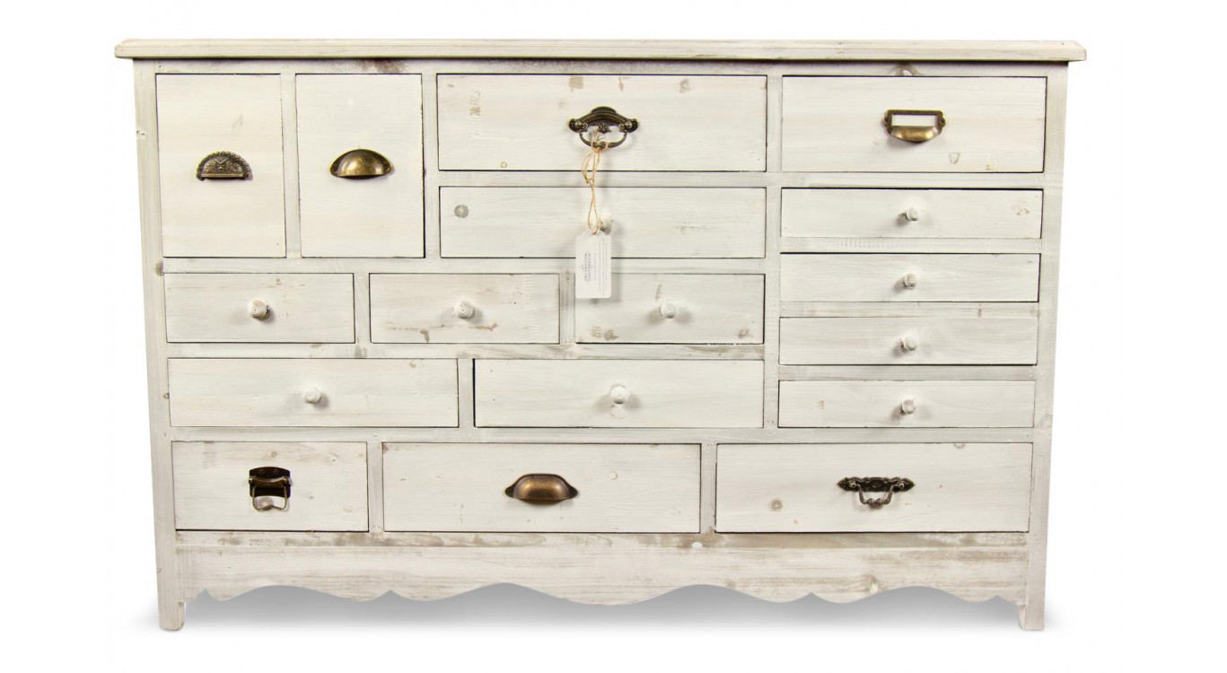 Meuble Semainier Chiffonnier Grainetier Bois Cerusé Blanc 17 Tiroirs 124x32.5x78.5cm