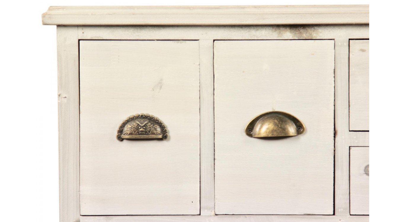 Meuble Semainier Chiffonnier Grainetier Bois Cerusé Blanc 17 Tiroirs 124x32.5x78.5cm