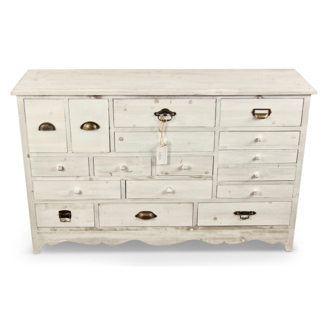Wochenplaner Chiffonnier Grainetier Holz Cerusé Weiß 17 Schubladen 124x32.5x78.5cm
