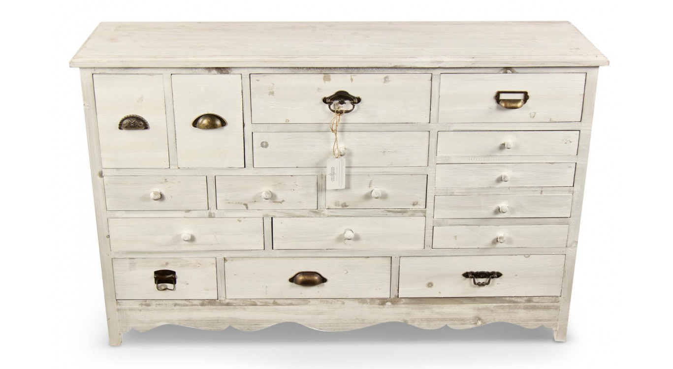 Meuble Semainier Chiffonnier Grainetier Bois Cerusé Blanc 17 Tiroirs 124x32.5x78.5cm