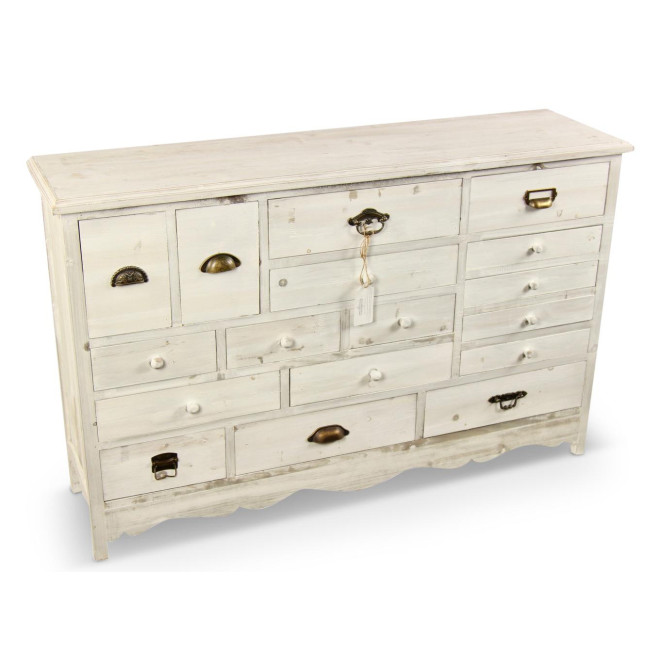Meuble Semainier Chiffonnier Grainetier Bois Cerusé Blanc 17 Tiroirs 124x32.5x78.5cm