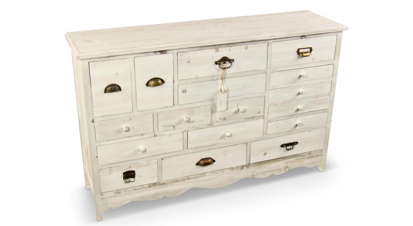 Meuble Semainier Chiffonnier Grainetier Bois Cerusé Blanc 17 Tiroirs 124x32.5x78.5cm