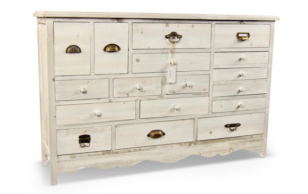 Wochenplaner Chiffonnier Grainetier Holz Cerusé Weiß 17 Schubladen 124x32.5x78.5cm