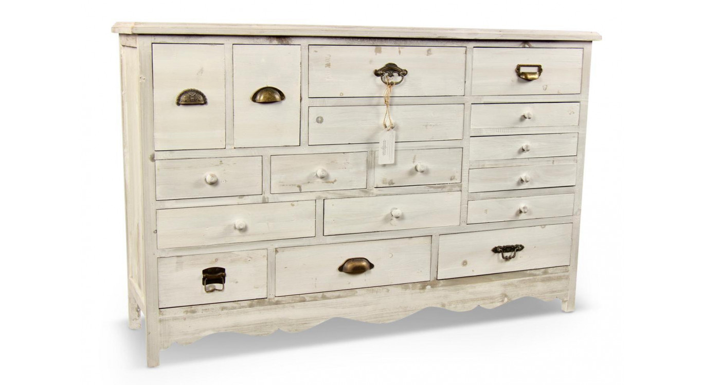 Meuble Semainier Chiffonnier Grainetier Bois Cerusé Blanc 17 Tiroirs 124x32.5x78.5cm