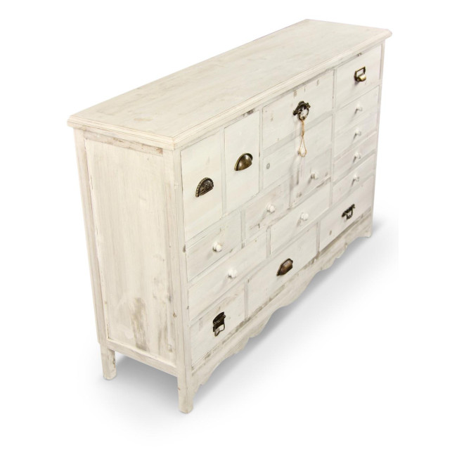 Wochenplaner Chiffonnier Grainetier Holz Cerusé Weiß 17 Schubladen 124x32.5x78.5cm