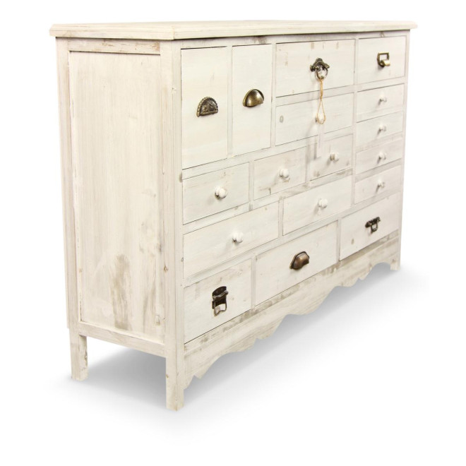 Meuble Semainier Chiffonnier Grainetier Bois Cerusé Blanc 17 Tiroirs 124x32.5x78.5cm