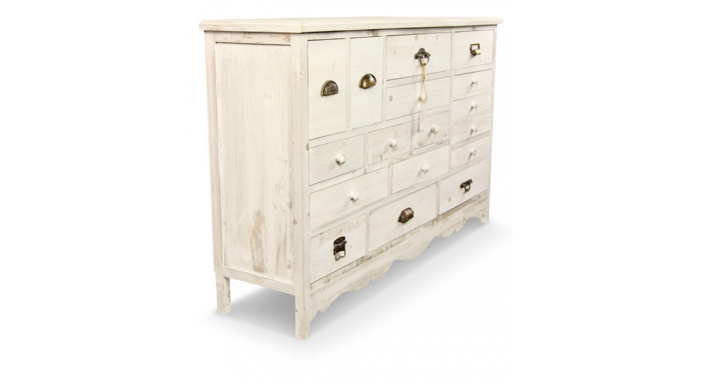 Meuble Semainier Chiffonnier Grainetier Bois Cerusé Blanc 17 Tiroirs 124x32.5x78.5cm