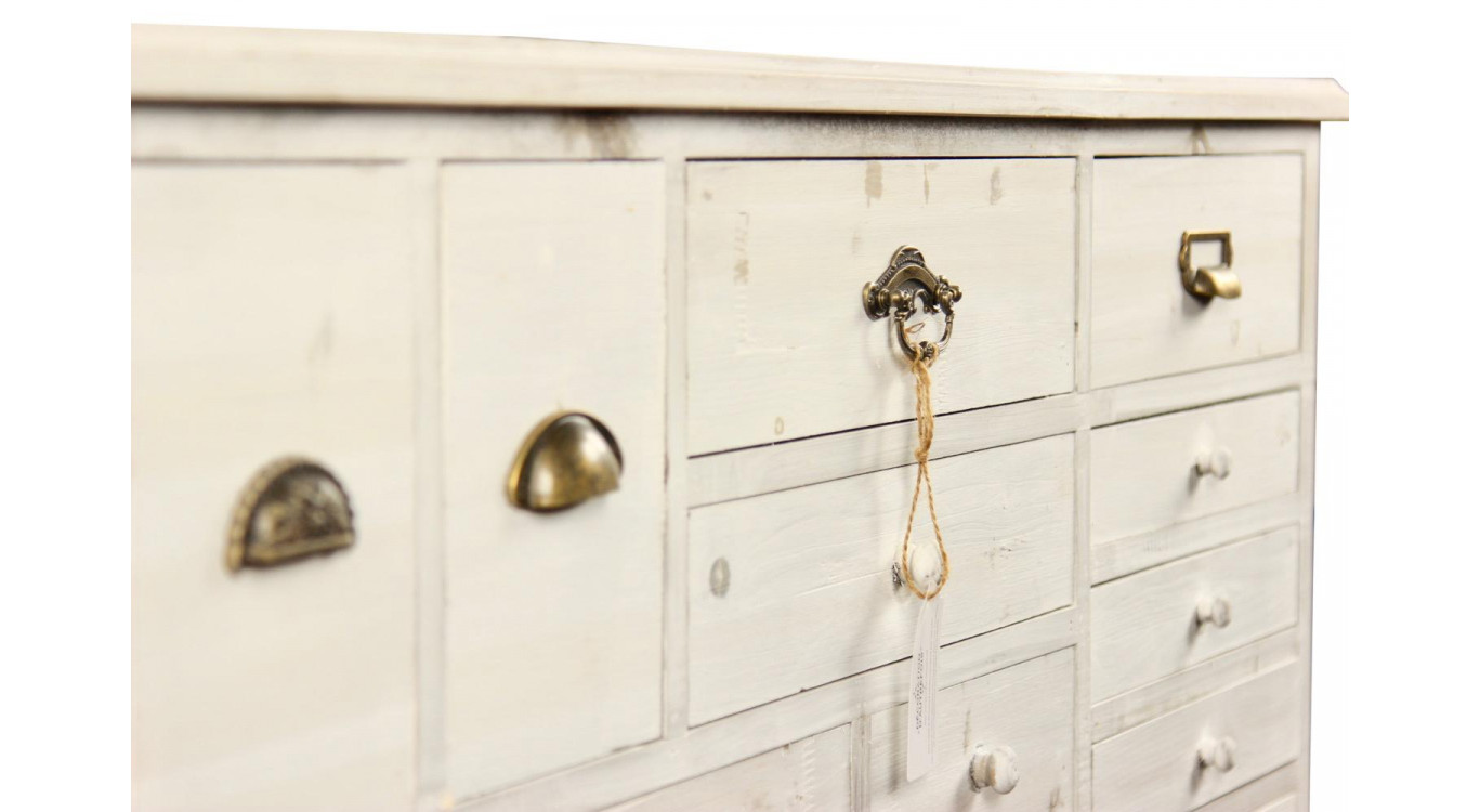 Meuble Semainier Chiffonnier Grainetier Bois Cerusé Blanc 17 Tiroirs 124x32.5x78.5cm