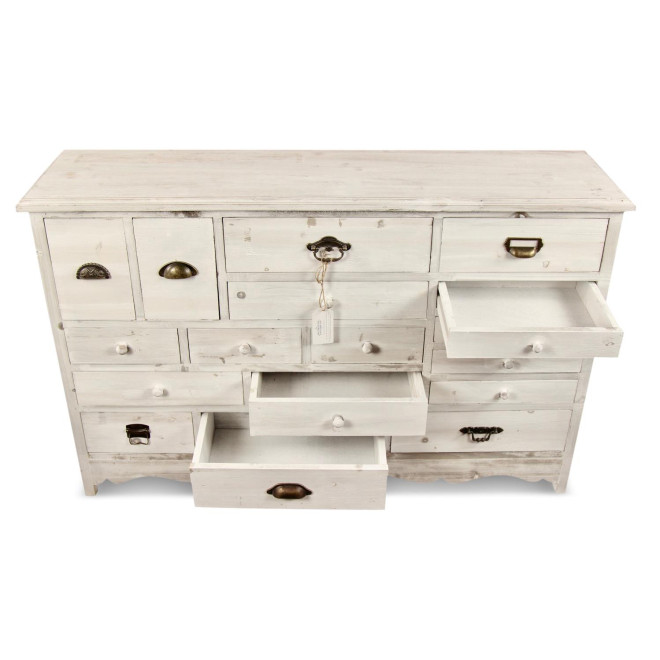 Wochenplaner Chiffonnier Grainetier Holz Cerusé Weiß 17 Schubladen 124x32.5x78.5cm