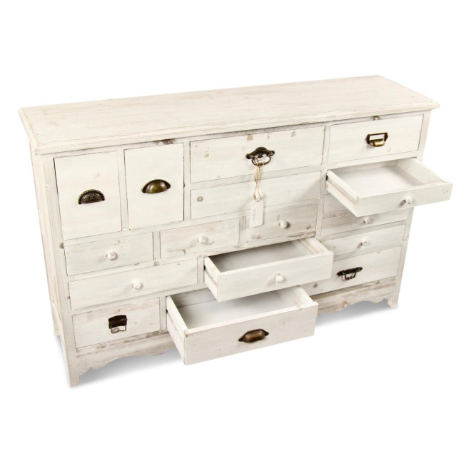Meuble Semainier Chiffonnier Grainetier Bois Cerusé Blanc 17 Tiroirs 124x32.5x78.5cm