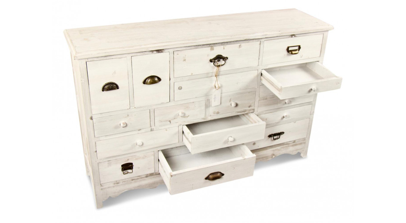 Meuble Semainier Chiffonnier Grainetier Bois Cerusé Blanc 17 Tiroirs 124x32.5x78.5cm