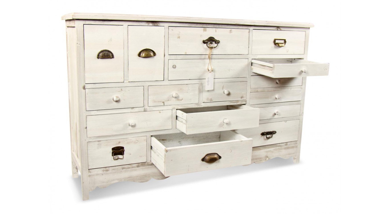 Meuble Semainier Chiffonnier Grainetier Bois Cerusé Blanc 17 Tiroirs 124x32.5x78.5cm