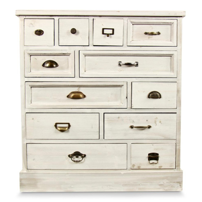 Wochenmöbel Tiffonnier Grainetier Holz Cerusé Weiß 12 Schubladen 84x32x92cm