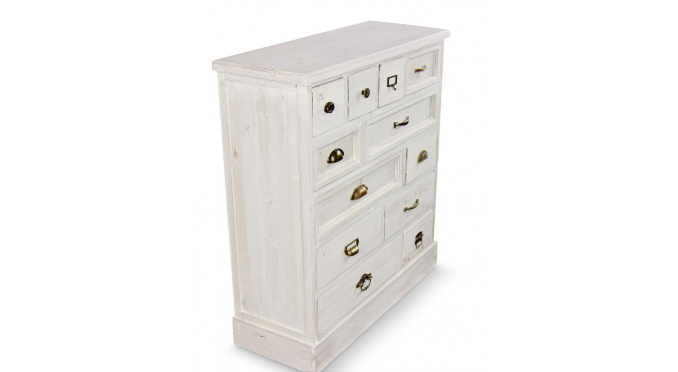 Wochenmöbel Tiffonnier Grainetier Holz Cerusé Weiß 12 Schubladen 84x32x92cm
