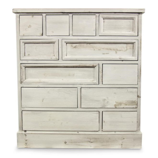 Meuble Semainier Chiffonnier Grainetier Bois Cerusé Blanc 12 Tiroirs Nu 84x32x92cm