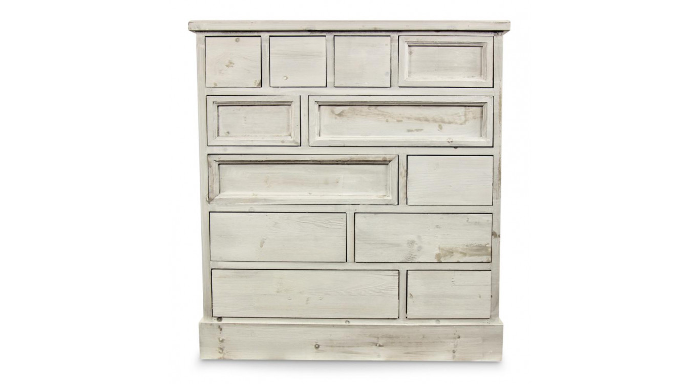 Meuble Semainier Chiffonnier Grainetier Bois Cerusé Blanc 12 Tiroirs Nu 84x32x92cm