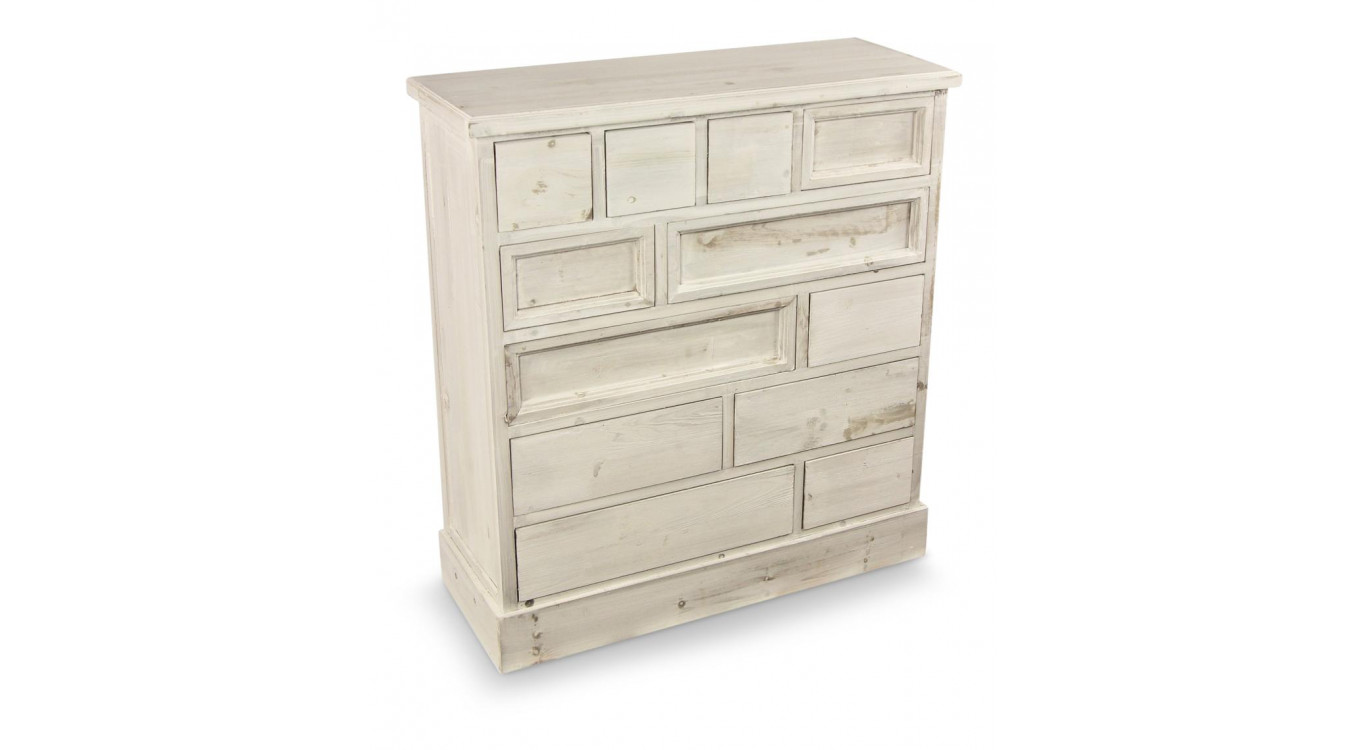 Meuble Semainier Chiffonnier Grainetier Bois Cerusé Blanc 12 Tiroirs Nu 84x32x92cm