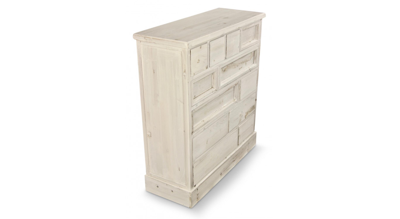 Meuble Semainier Chiffonnier Grainetier Bois Cerusé Blanc 12 Tiroirs Nu 84x32x92cm