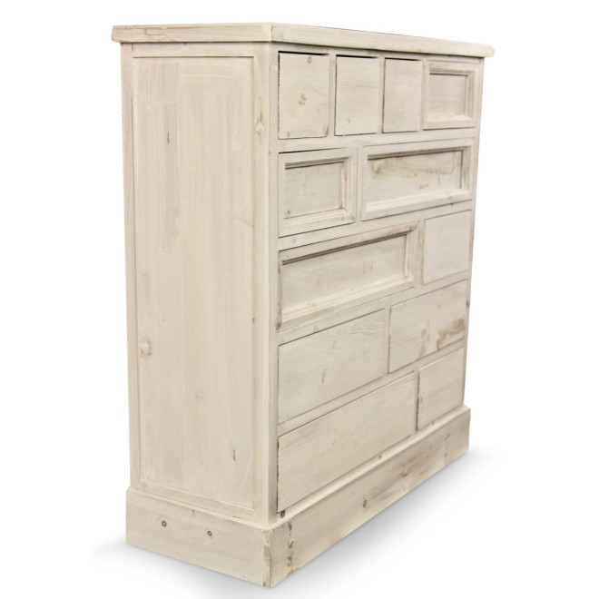Meuble Semainier Chiffonnier Grainetier Bois Cerusé Blanc 12 Tiroirs Nu 84x32x92cm