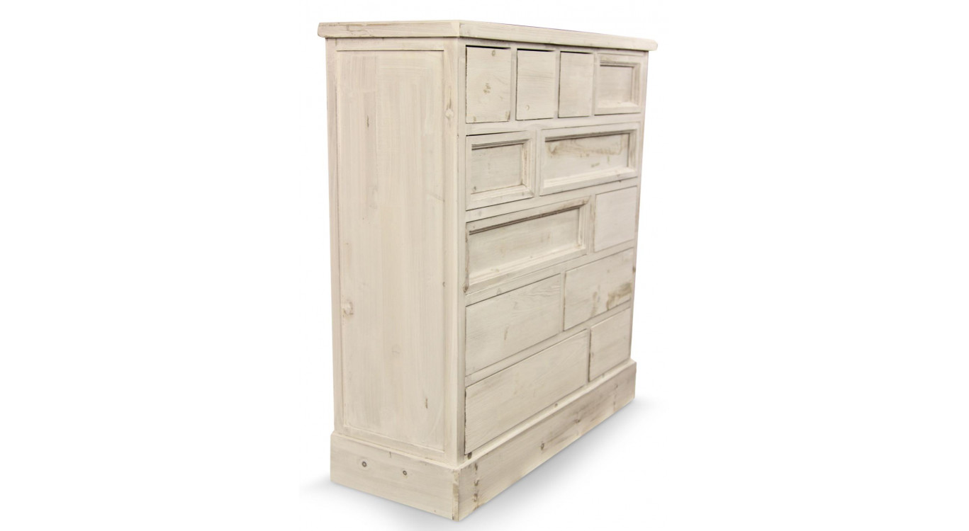 Meuble Semainier Chiffonnier Grainetier Bois Cerusé Blanc 12 Tiroirs Nu 84x32x92cm