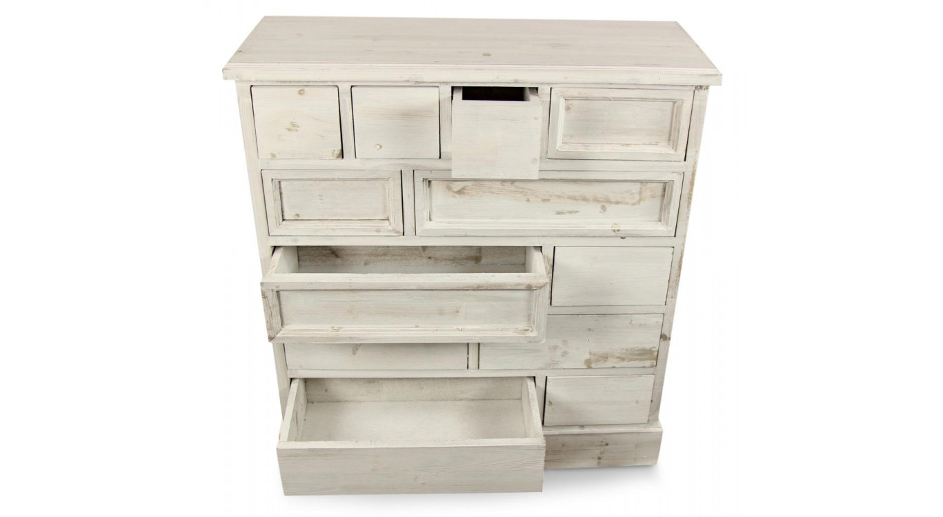 Meuble Semainier Chiffonnier Grainetier Bois Cerusé Blanc 12 Tiroirs Nu 84x32x92cm