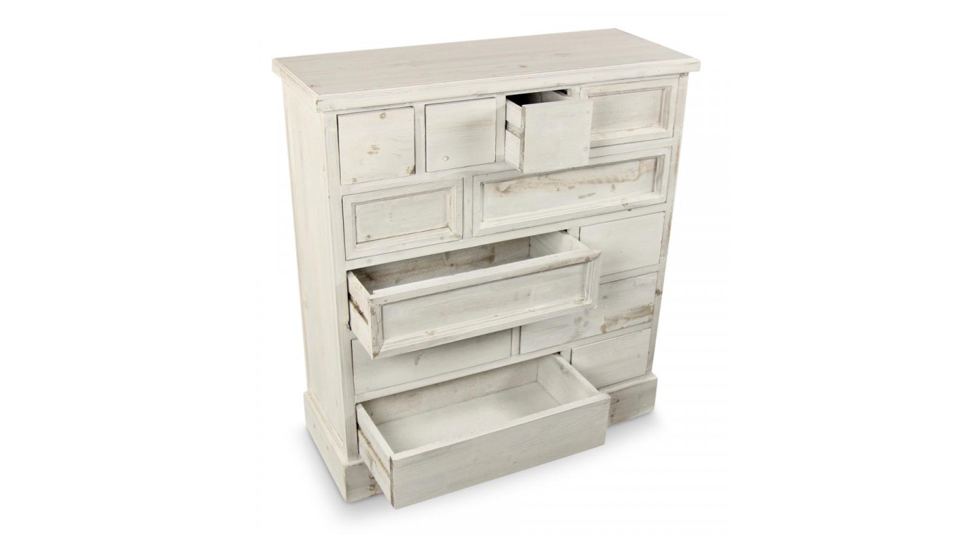 Meuble Semainier Chiffonnier Grainetier Bois Cerusé Blanc 12 Tiroirs Nu 84x32x92cm