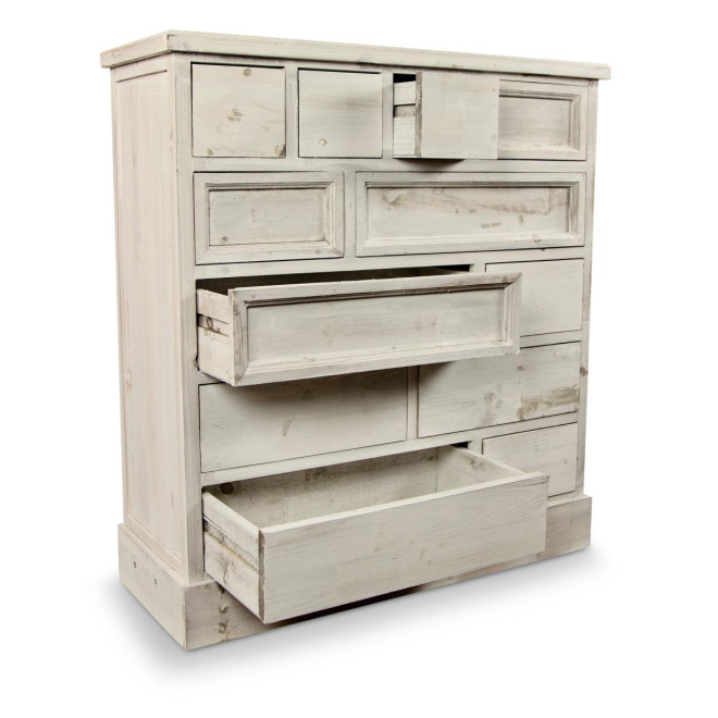 Meuble Semainier Chiffonnier Grainetier Bois Cerusé Blanc 12 Tiroirs Nu 84x32x92cm