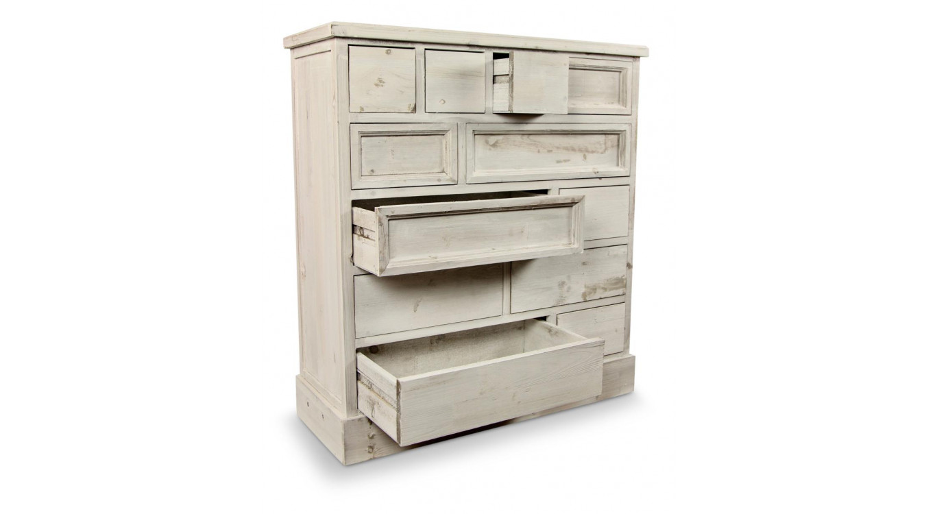 Meuble Semainier Chiffonnier Grainetier Bois Cerusé Blanc 12 Tiroirs Nu 84x32x92cm