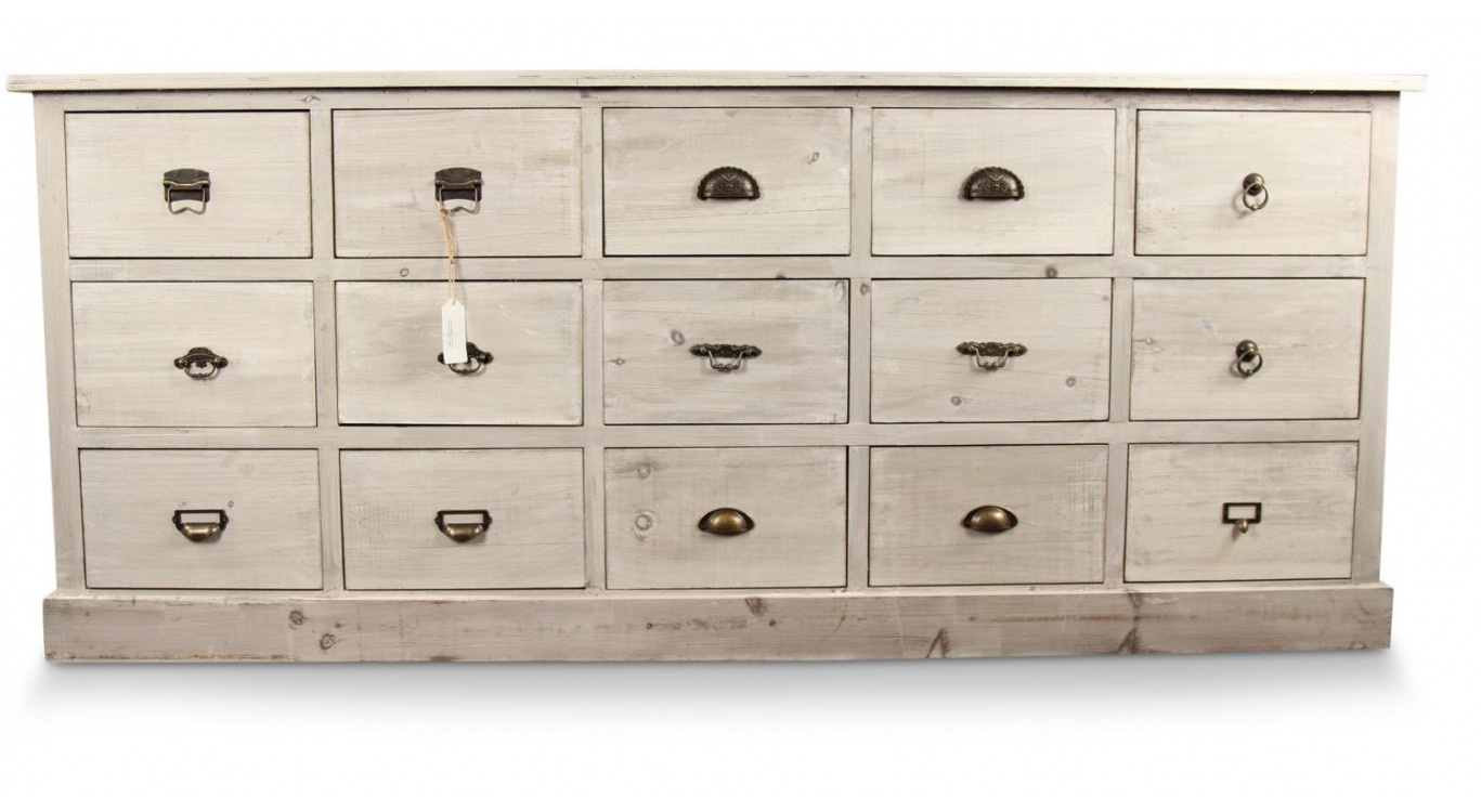 Wochenmöbel Chiffonnier Grainetier Bois 15 Schubladen Cerusé Blanc 200x55x85cm